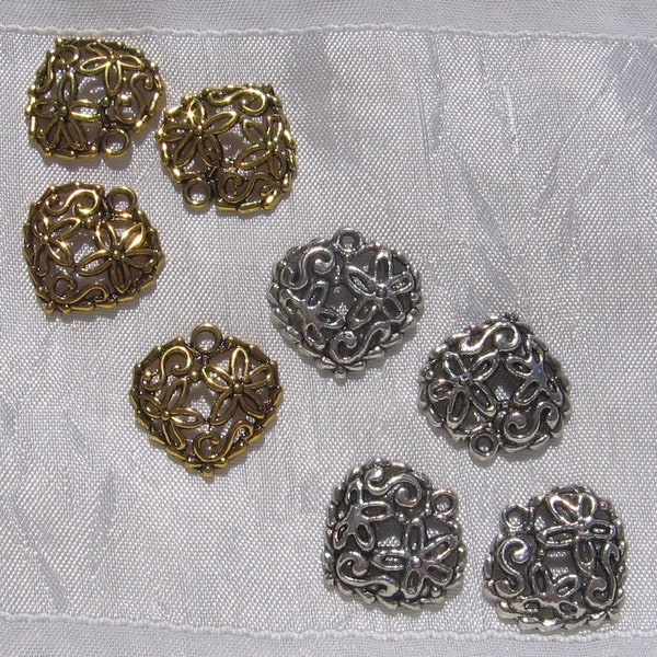 Breloques COEURS, lot de 10 breloques, coeur argenté, coeur doré, coeur ajouré, 19mmx20mm, métal argenté, métal doré, charm coeur, B472,O128