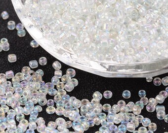 Lot de 2000 perles, environs, 30g, perles de rocailles, perles transparente, chatoyantes, perles 2mm, verre transparent, arc en ciel, PR6