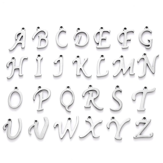 Breloque lettre en acier inoxydable,  lettre alphabet, lettre calligraphiée, 10mmx14mm  lettres de A à Z au choix, pendentif lettre, IN70