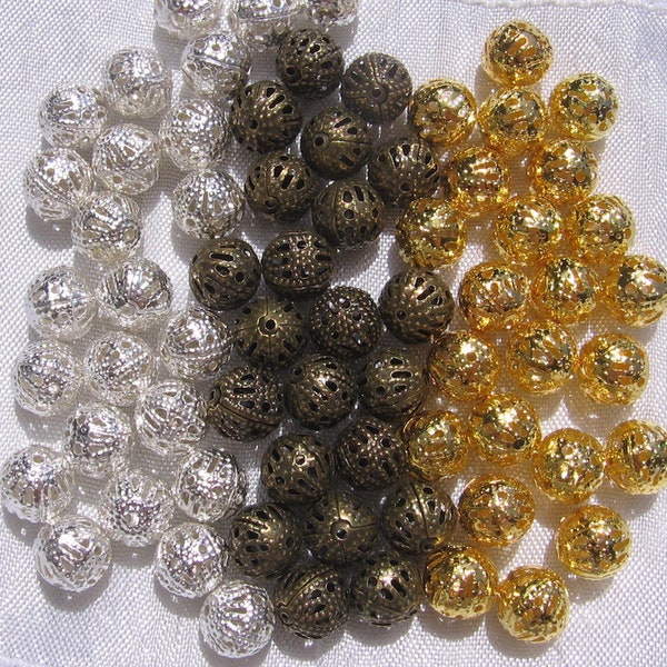 50 perles, perles filigranes, sans nickel, perles 8mm, boules en metal, coloris au choix, perles argent, perles doré, bronze, A8, J122, O26