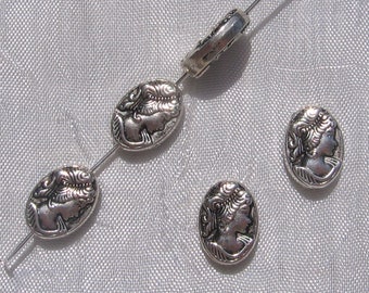 Lot of 5 cameos, silver beads, silver cameos, silver spacers, 14mm beads, double sided, 14x10x2mm, 1mm perforation, A46