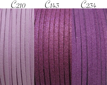 Cordon suédine, lot de 3 mètres, fil suédine, fil daim, fil 3mm, fil violet, fil violine, fil mauve, fil paillettes, 3x1mm, C143, C210, C234