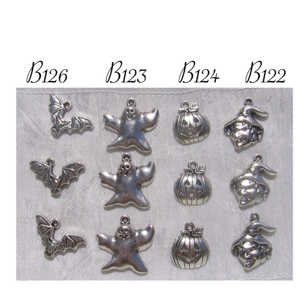 Breloques Halloween, lot de 10 breloques, breloques argentées, fantômes, chauve souris, citrouille, sorcière, pendentifs,B122,B123,B124,B126