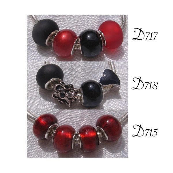 Lot de 4 perles, perles donuts, rondelles, perles noires, verre noir, strass noirs, perles rouges, verre rouge, rondelles, D715,D717,D718