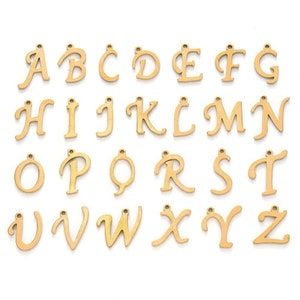 Charm de letras, acero inoxidable, letra de acero inoxidable, letra del alfabeto, letra caligráfica, 10mmx14mm, oro, de la A a la Z, colgante, charm, IX24