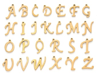 Gold-plated stainless steel letter charm, stainless steel letter, alphabet letter, calligraphic letter, 10mm x 14mm, gold, A to Z, pendant, IX24