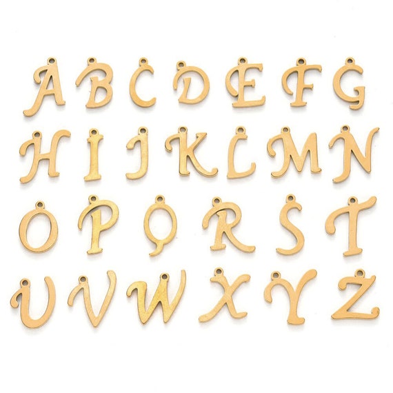 Breloque lettre en acier inoxydable doré, lettre inox, lettre alphabet, lettre calligraphiée, 10mmx14mm, doré, de A à Z, pendentif, IX24