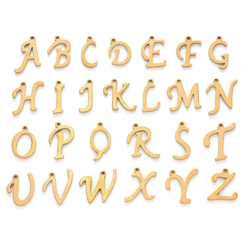 Gold-plated stainless steel letter charm, stainless steel letter, alphabet letter, calligraphic letter, 10mm x 14mm, gold, A to Z, pendant, IX24 image 1