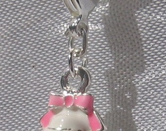 Charm Breloque Clochette Blanche Et Rose Sur Mousqueton - Métal Argenté - Compatible Tomas Sabo - Neuf