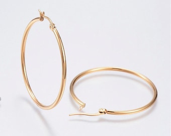 PAIR OF CREOLES, 30mm, 40mm, 50mm, stainless steel hoops, gold hoops, gold buckles, stainless steel buckles, stainless steel, IX1,10,12