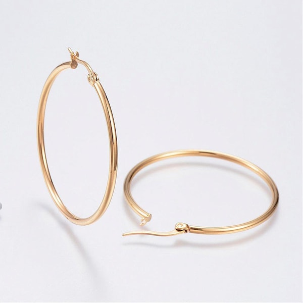 PAIR OF CREOLES, 30mm, 40mm, 50mm, stainless steel hoops, gold hoops, gold buckles, stainless steel buckles, stainless steel, IX1,10,12