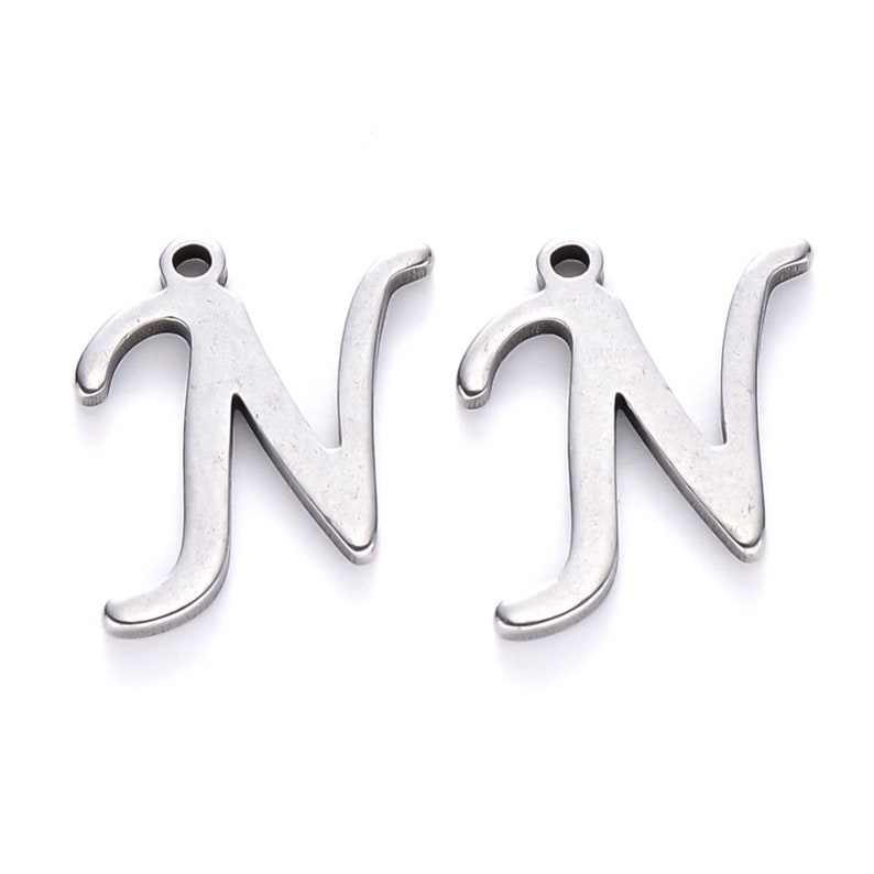 Stainless steel letter charm, alphabet letter, calligraphic letter, 10mm x 14mm, letters A to Z (your choice), letter pendant, IN70 Lettre N - IN70.N