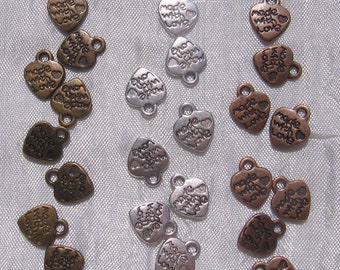 BRELOQUES coeurs, 20 breloques, 20 coeurs, coeur made with love, perles en metal, 10mm x 12mm, AU CHOIX bronze argenté cuivre *J34 *B236 *Q8