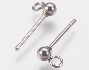 Set of 10 nails, inch ears, holders earrings, earrings, stainless steel, stainless steel loops, 14mm, with ball and ring, IN74