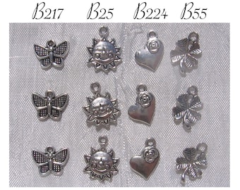 Lot de 10 breloques, breloques argentées, soleil, trèfles, papillons, coeurs, au choix, B25,B55,B217,B224