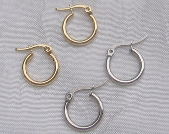 Pair of stainless steel hoop earrings, 15mm, silver hoops, gold hoops, stainless steel, IX4, IN52
