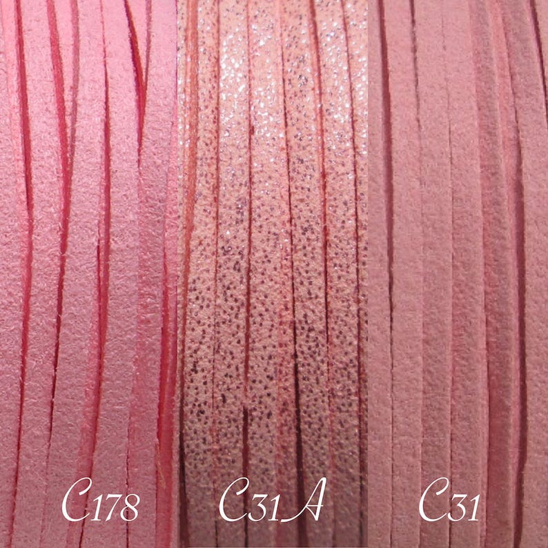 May include: Close-up of three pink leather cords, one with a subtle glitter finish. The cords are labeled C178, C31_A, and C31.