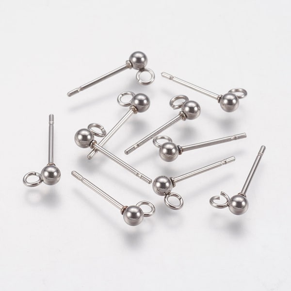 Lot de 10 clous, pouces oreilles, supports boucles, boucles d’oreilles, acier inoxydable, boucles inox, 11mm, avec boule et anneau, IN91