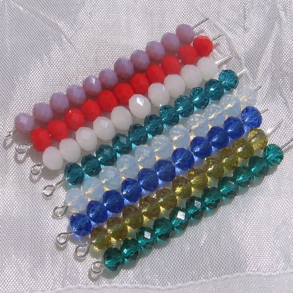 lot de 50 perles, 6mm x 4mm, perles verre, verre taillé, perles facettes, mauve, rouge, blanc, turquoise, lustré, bleu, kaki, vert, 6mm, VT4