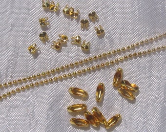 Gold kit, balls, knot covers, gold tips, connectors, 2.5mmx7.5mm, ball chain, 1.5mm, ball tips, 4mmx3.5mm, gold, O165-166, OU3