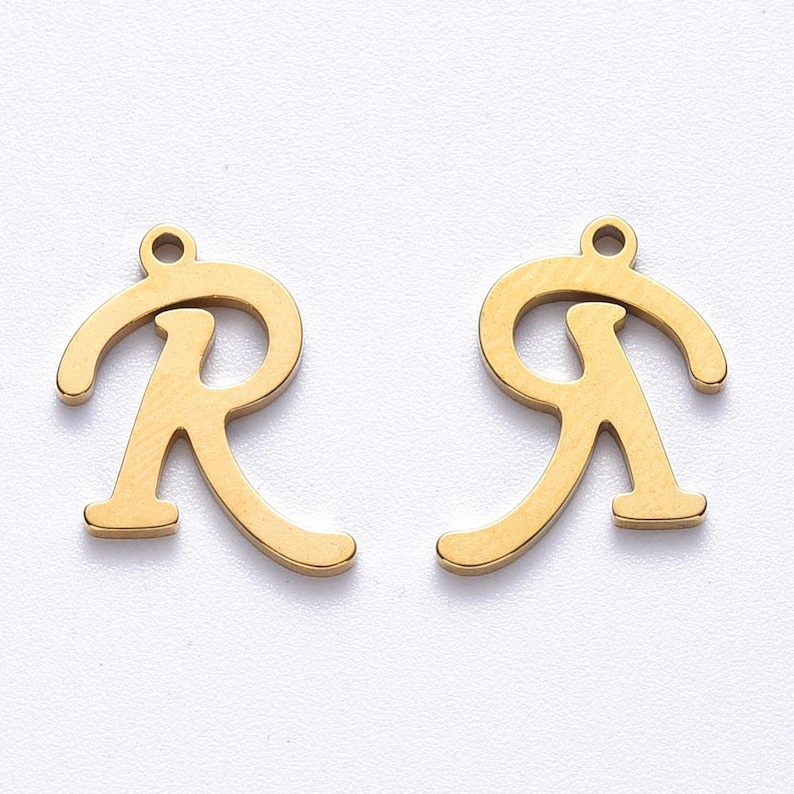 Gold-plated stainless steel letter charm, stainless steel letter, alphabet letter, calligraphic letter, 10mm x 14mm, gold, A to Z, pendant, IX24 Lettre R - IX24.R
