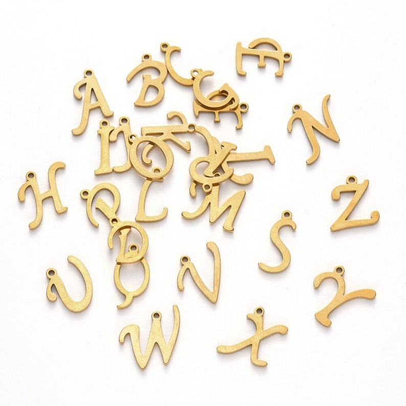 Gold-plated stainless steel letter charm, stainless steel letter, alphabet letter, calligraphic letter, 10mm x 14mm, gold, A to Z, pendant, IX24 image 2