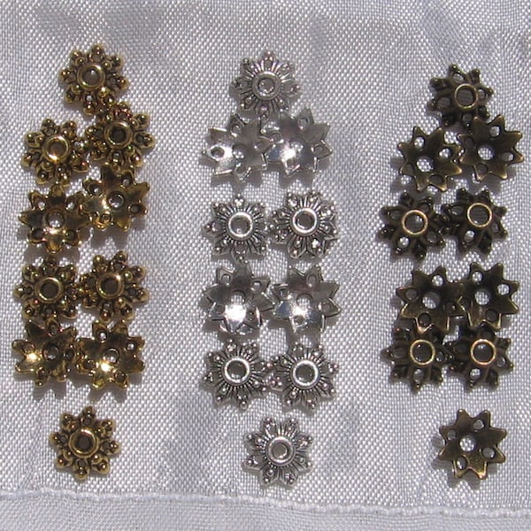 Lot de 30, coupelles 8mm, intercalaires, perles, fleurs, flocons, coupelles 8mm, métal argenté, métal doré, métal bronze, S17, O29, J15