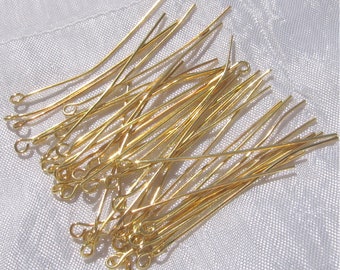 Lot 50 eye studs, loop rods, gold brass nails, gold nails, gold rods, length 45mm, thickness 0.7mm, jewelry findings *O92