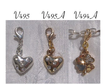 Charm, heart, clover, silver charm, silver carabiner, golden charm, golden heart, silver heart, golden clover, charm, V494A,V495