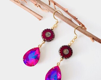 Boucles-d'oreilles goutte, boucles d'oreilles fleur, boucles d'oreilles rouges, boucles d'oreilles pendantes, bijoux gouttes