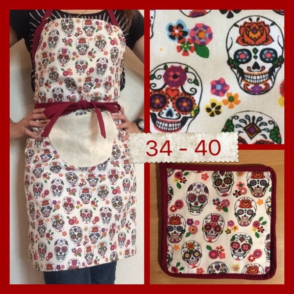 Pack Tablier de Cuisine Réversible et Réglable à Motif Calaveras Sa Manique Assortie