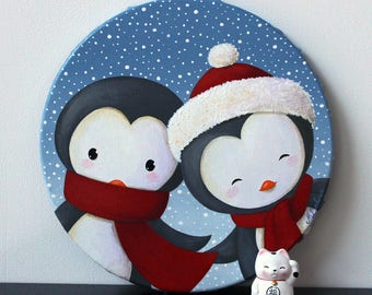 Acrylic painting on round canvas: "Tomb the snow" (pingouins)