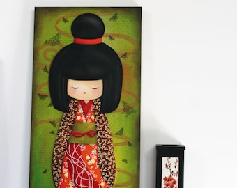 Peinture acrylique sur toile : Elégante Takara (kokeshi)