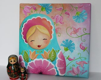 Peinture acrylique sur toile de lin : Marouchka, douceur printanière (poupée russe, fond fleuri)