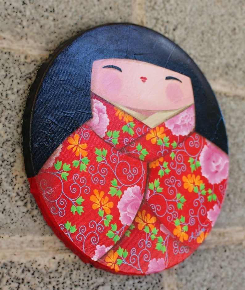 Peinture acrylique sur toile ronde : Elégante plénitude kokeshi image 2