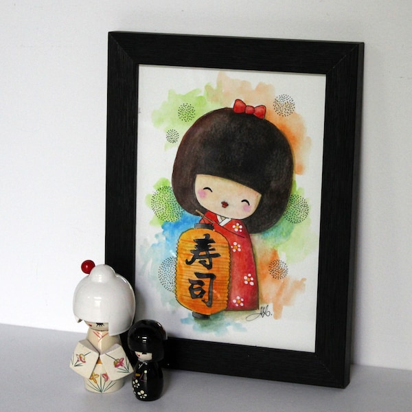 Aquarelle AVEC CADRE : Petite Kimiko au lampion (kokeshi)