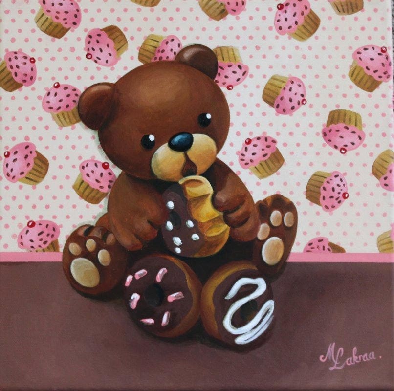 Peinture Acrylique sur Toile Ourson Très Gourmand | Ours et Pâtisseries