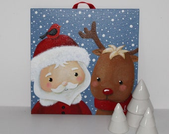 Acrylic paint on canvas cardboard: "It's so good!" (Santa Claus, reindeer, bird)