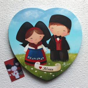 Peinture acrylique sur toile en forme de coeur : Love Alsace couple d'alsaciens 画像 1