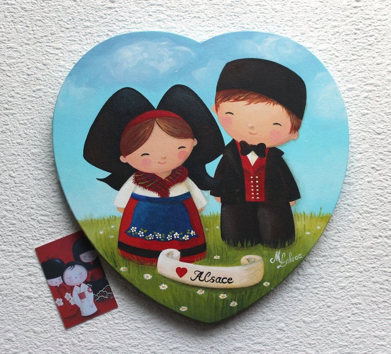 Peinture acrylique sur toile en forme de coeur : Love Alsace couple d'alsaciens 画像 1