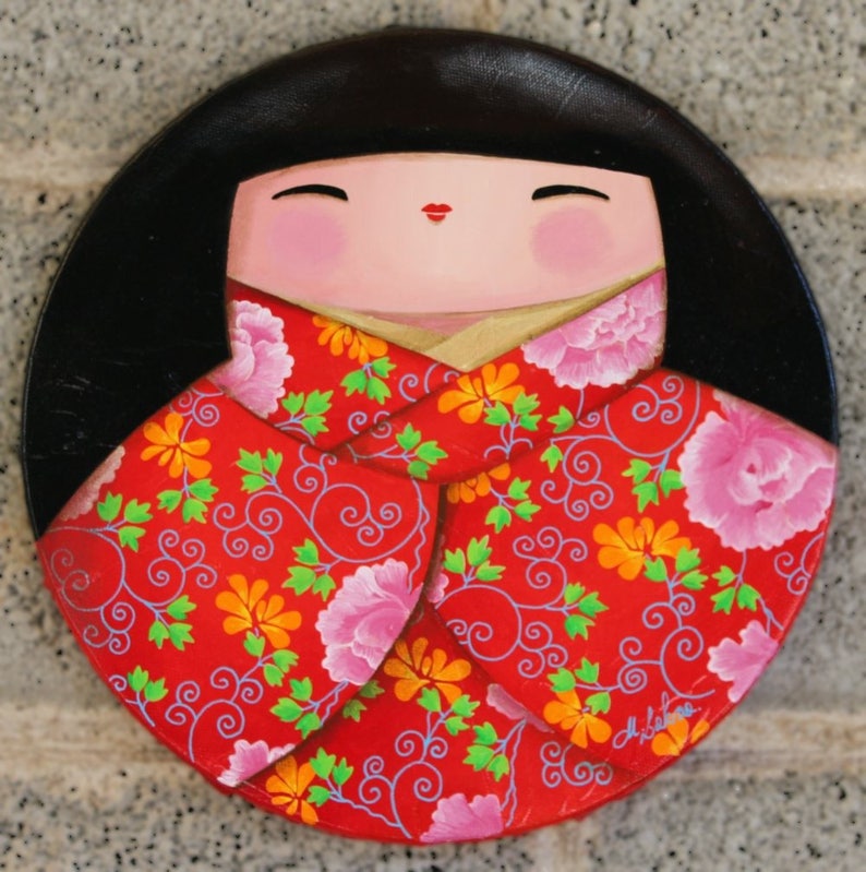 Peinture acrylique sur toile ronde : Elégante plénitude kokeshi image 1