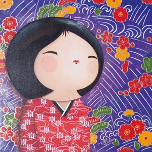 Peinture acrylique sur carton toilé : Megumi (kokeshi)