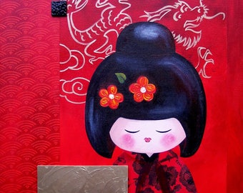 Peinture acrylique sur toile et collages : Yuko déco (kokeshi)