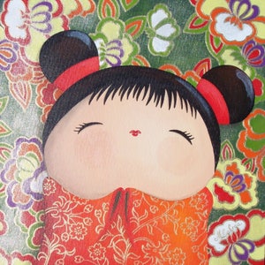 Peinture acrylique sur carton toilé : Sachiko (kokeshi)