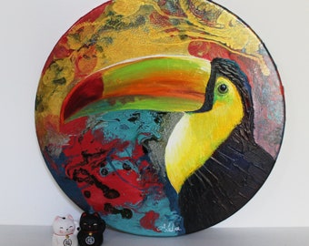 Acrylic painting on round canvas: Prismatic Toucan