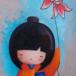 Peinture acrylique sur toile de lin : Miyuki au cerf-volant kokeshi image 1