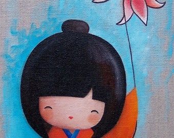 Acrylic painting on linen canvas: Miyuki with kite (kokeshi)
