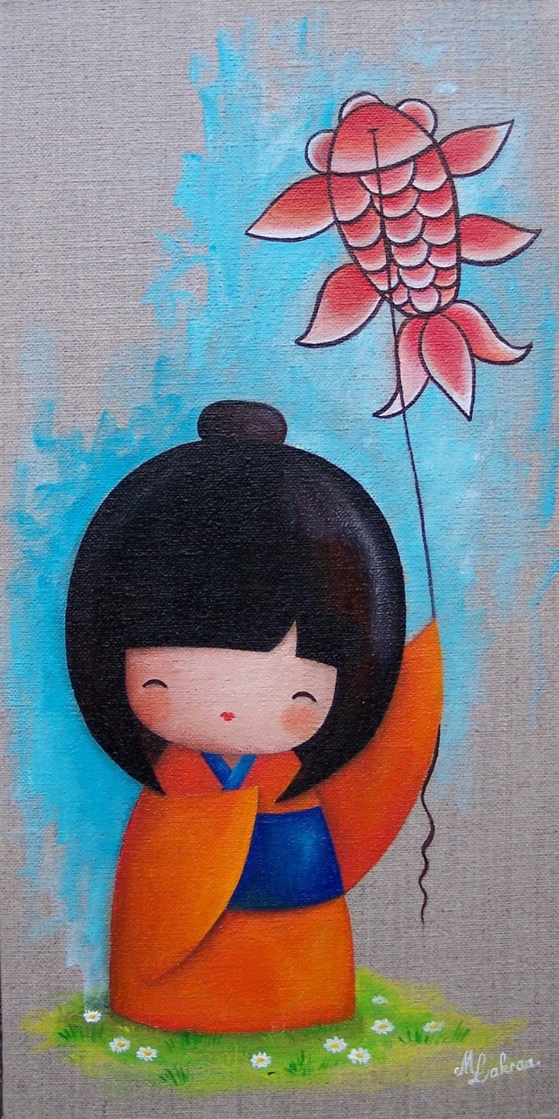 Peinture acrylique sur toile de lin : Miyuki au cerf-volant kokeshi image 1