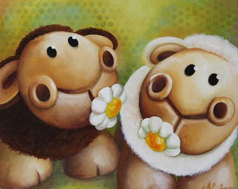 Peinture acrylique sur toile : Ames soeurs (moutons)