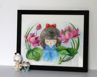 Watercolor WITH FRAME: Kimiko with water lilies (kokeshi)